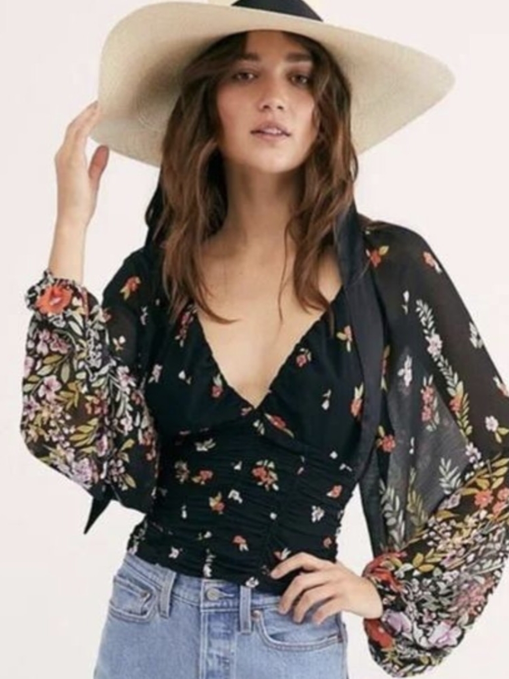 Free People Black Floral V-Neck Ruched, Fitted Waist, Puff Sleeves Blouse